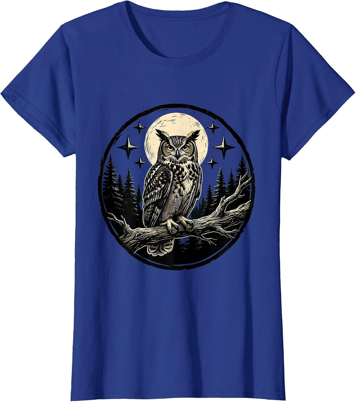 Women's Owl on Branch Starry Night Forest Illustration T-Shirt - Royal Blue