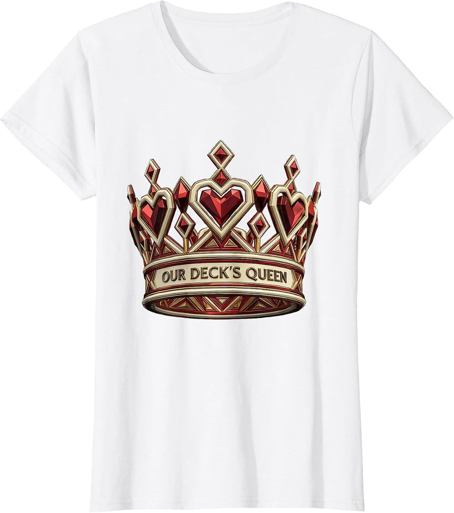 Women's Our Deck's Queen Geometric Poker Couple Halloween Party T-Shirt - White