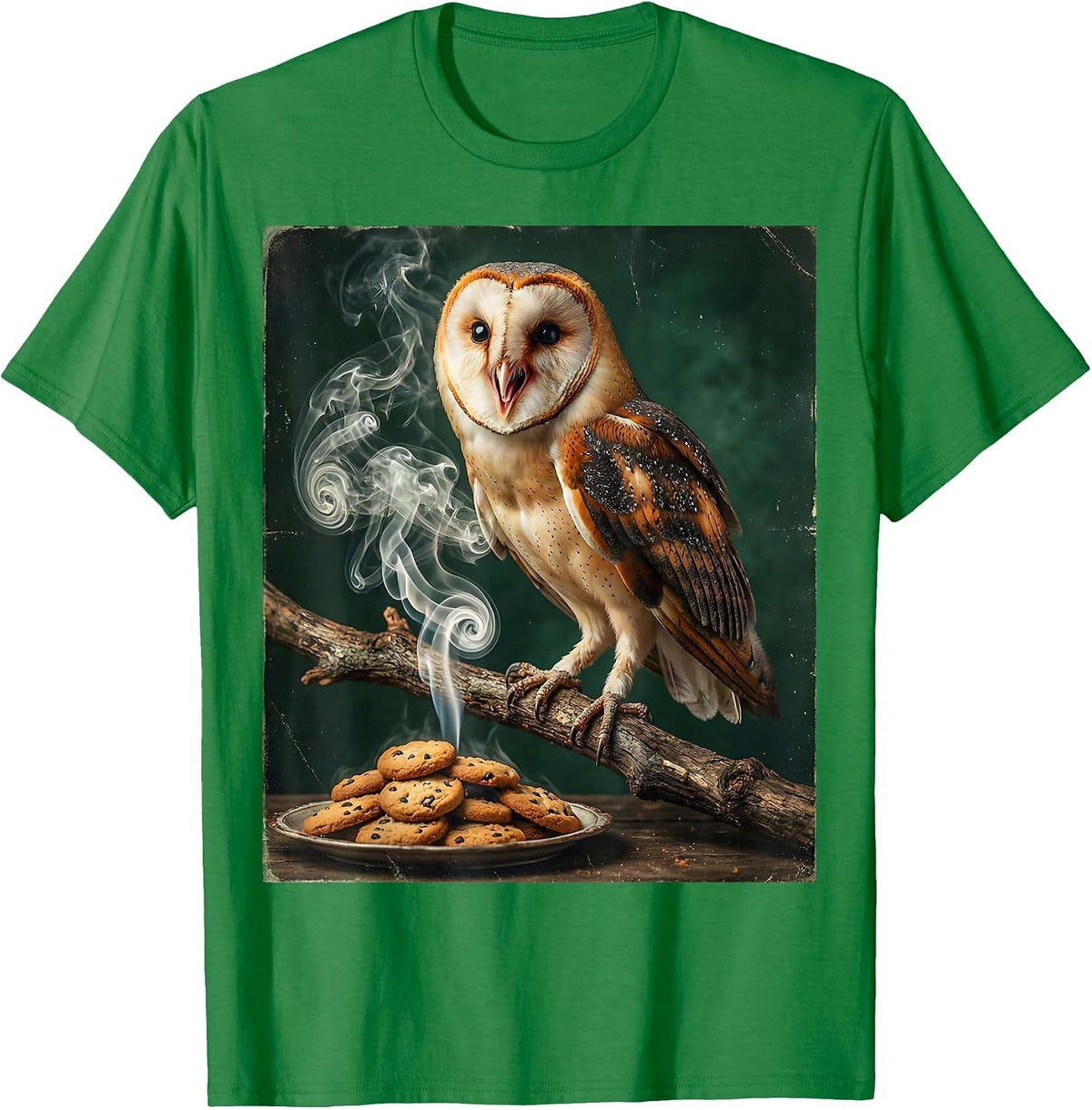 Men's Owl Sniffing Cookie Smoke Funny Halloween Graphic T-Shirt - Kelly Green