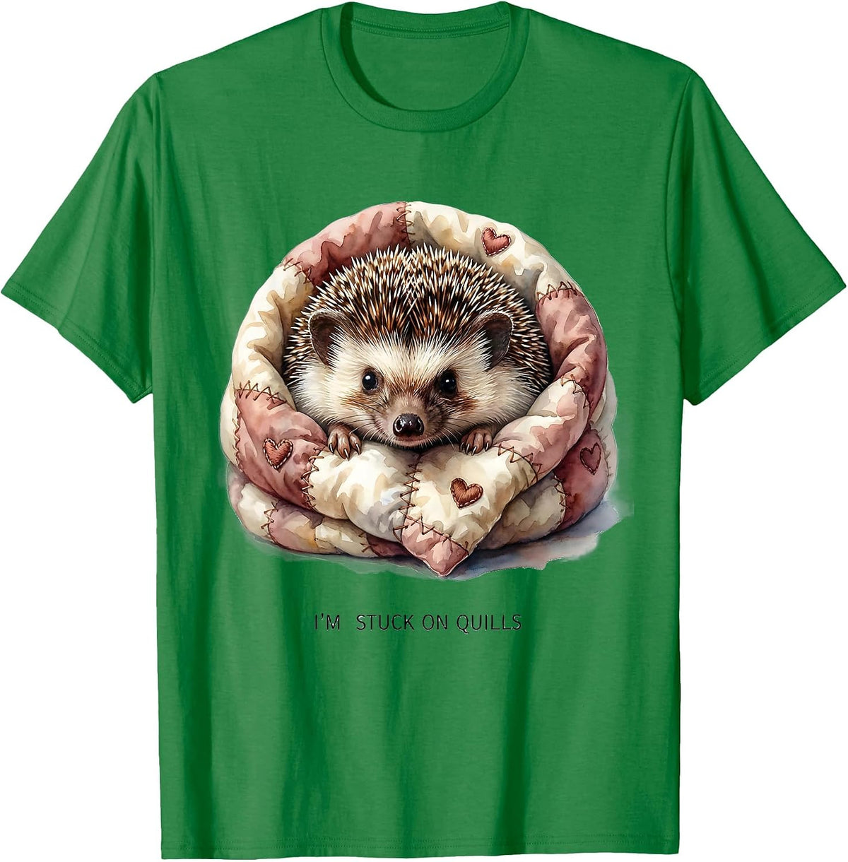 Men's I'm Stuck On Quills Cute Hedgehog Lover Cartoon Humor T-Shirt - Kelly Green