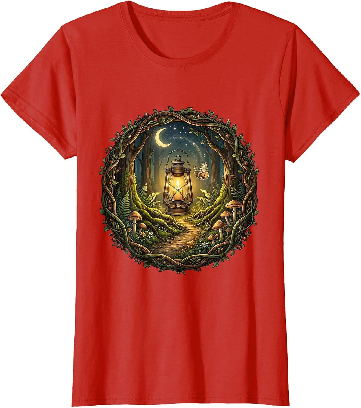 Lantern Lit Forest Path Suicide Awareness Design T-Shirt - Red
