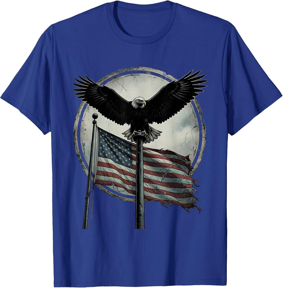 Eagle Atop Flagpole Patriotic Graphic Design T-Shirt - Royal Blue