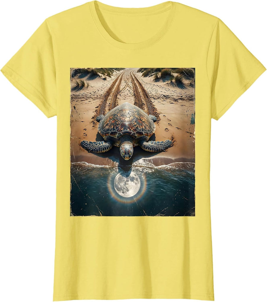 Women's North Carolina Loggerhead Sea Turtle Moonlit Beach T-Shirt - Lemon Yellow