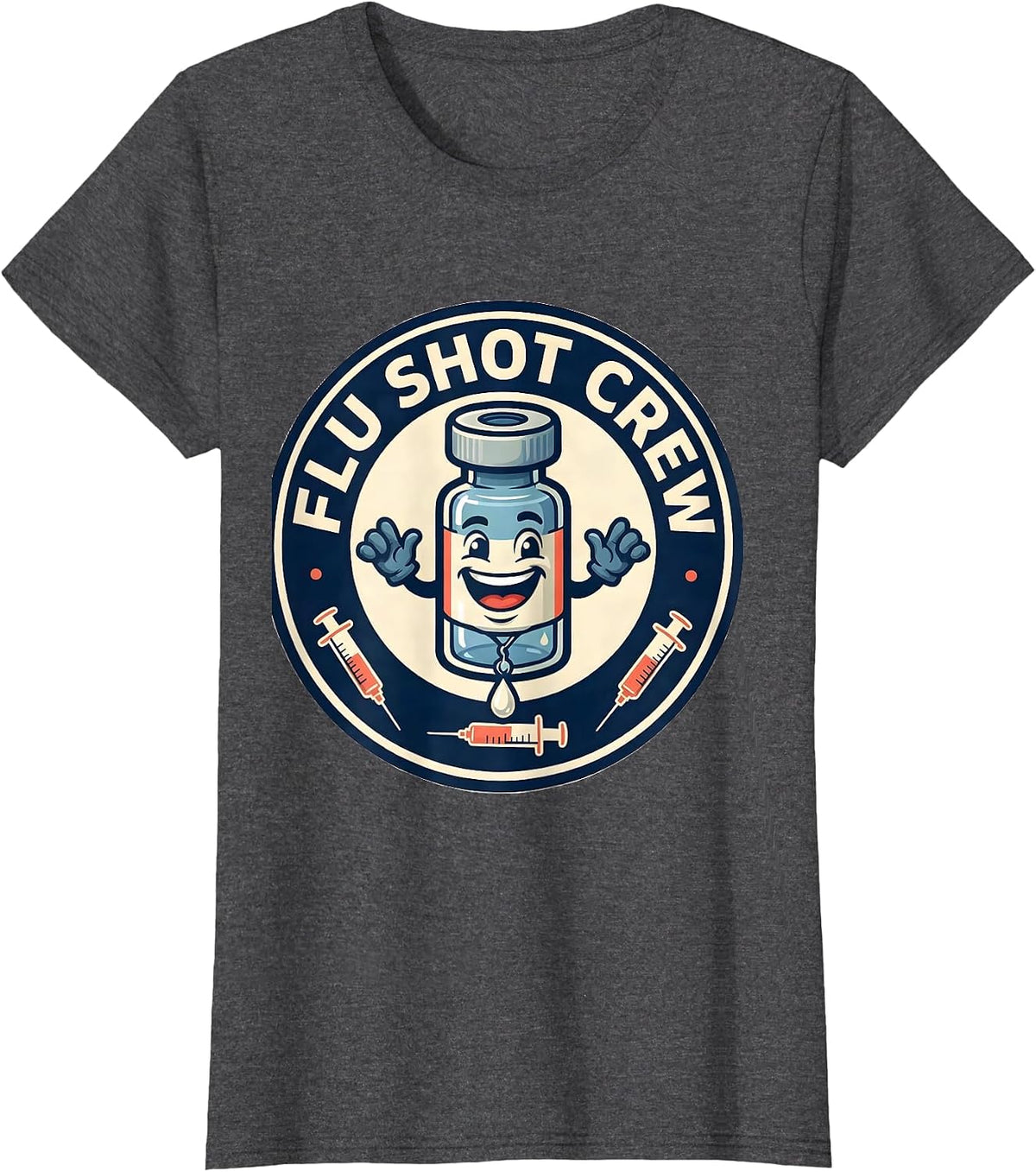Women's Flu Shot Crew Funny Nurse Doctor Vaccine Humor T-Shirt - Dark Heather Grey