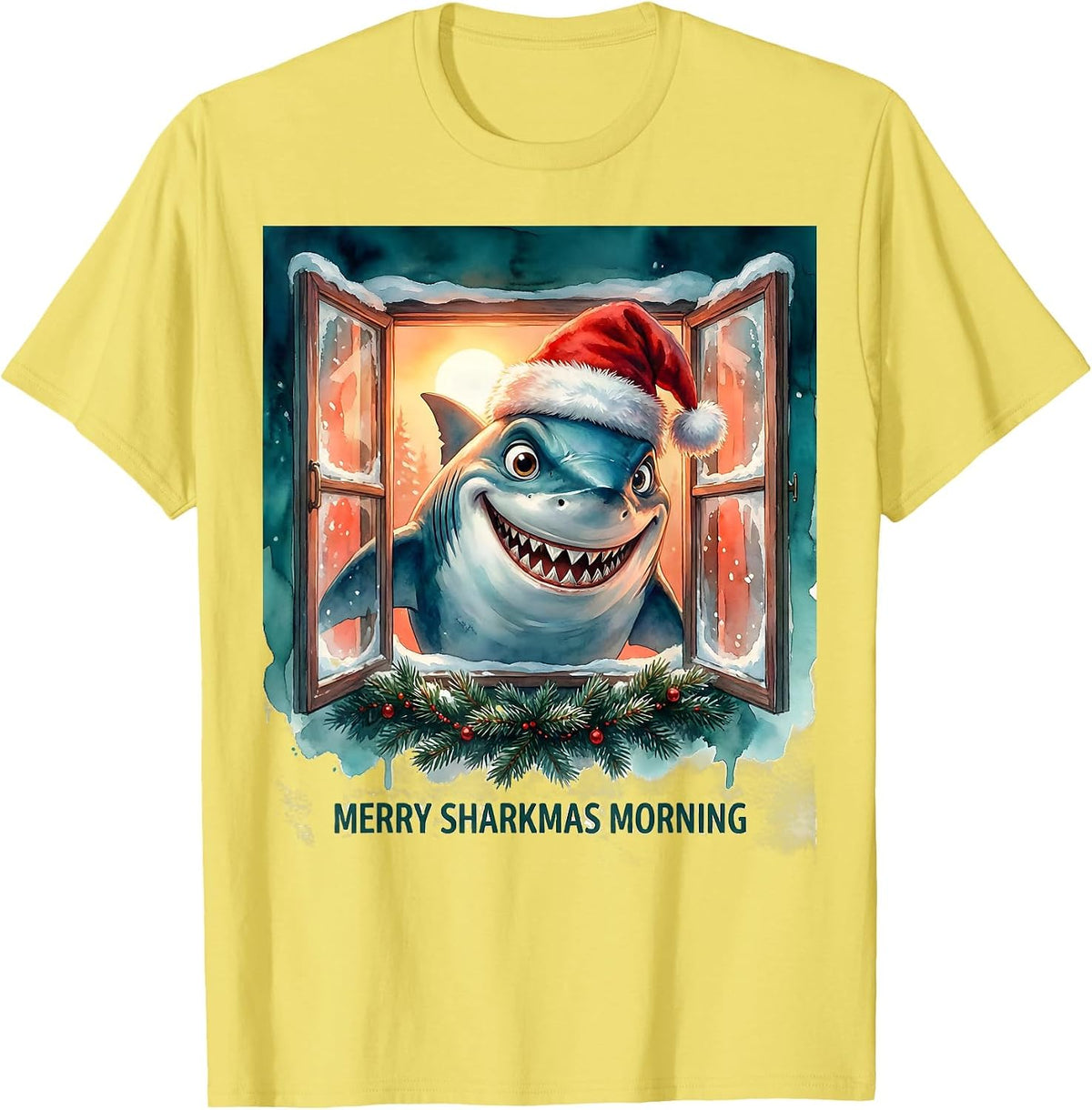 Men's Merry Sharkmas Morning Watercolor Shark Christmas Pun Humor T-Shirt - Lemon Yellow