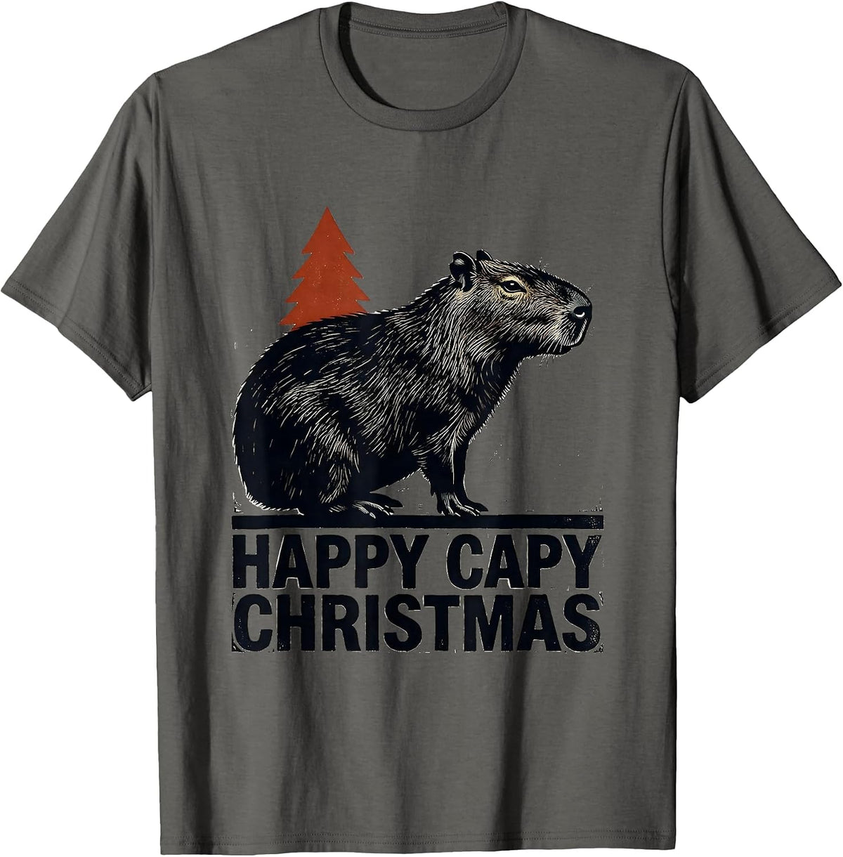 Men's Happy Capy Christmas Linocut Capybara Lover Family Humor T-Shirt - Asphalt Grey