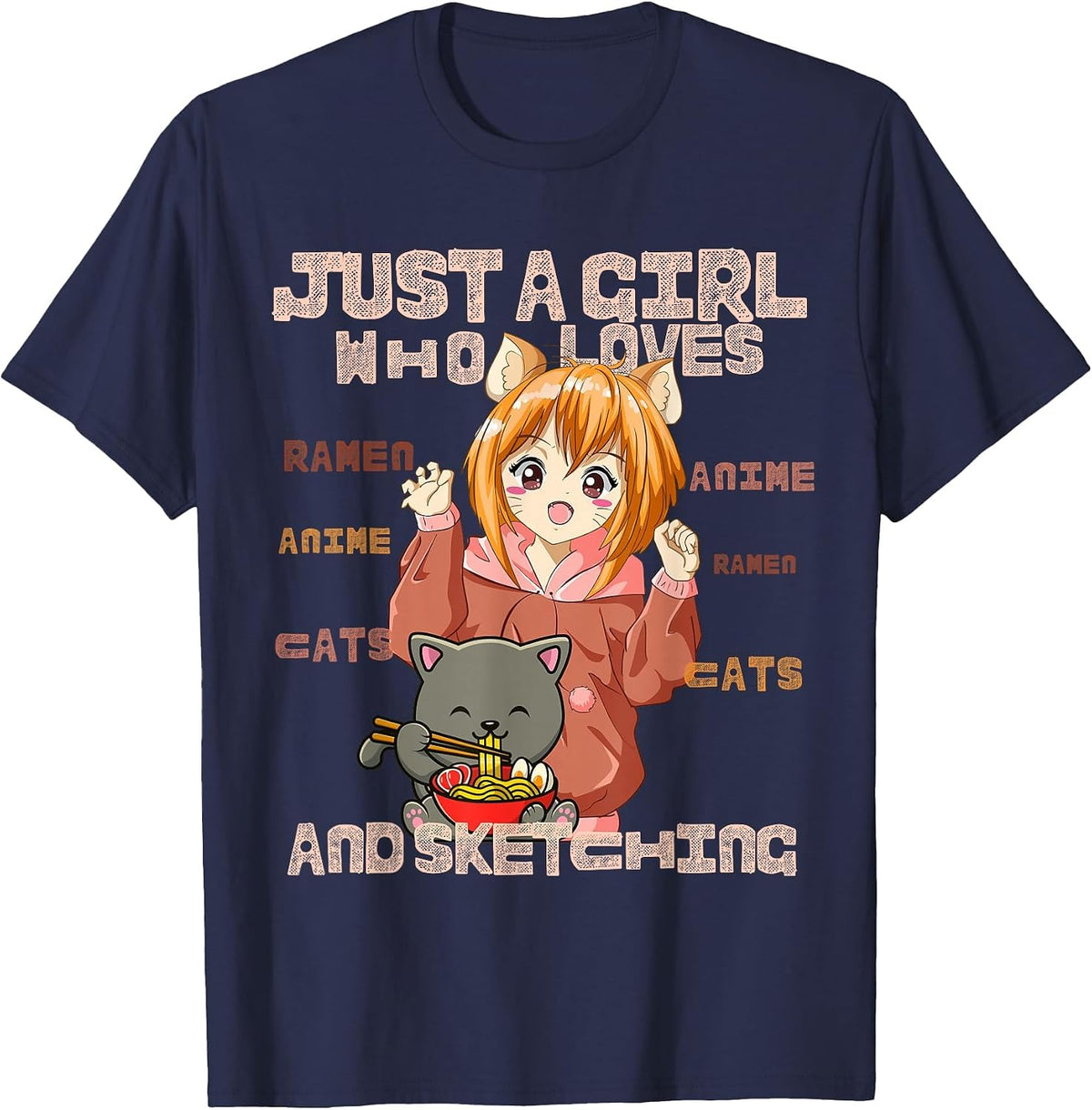 Just a Girl Who Loves Cats, Ramen, Amine and Sketching Manga T-Shirt - Navy Blue
