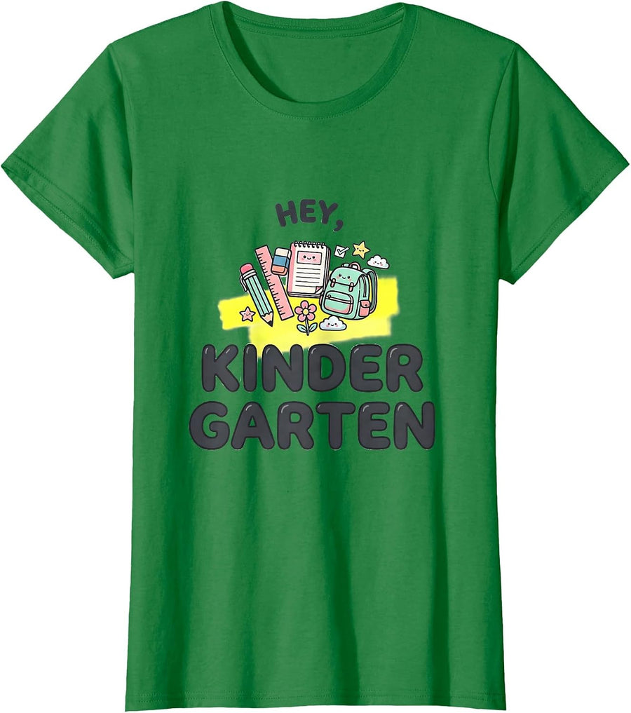 Women's Hey, Kindergarten Kawaii Doodle Back To School Teacher Kids T-Shirt - Kelly Green