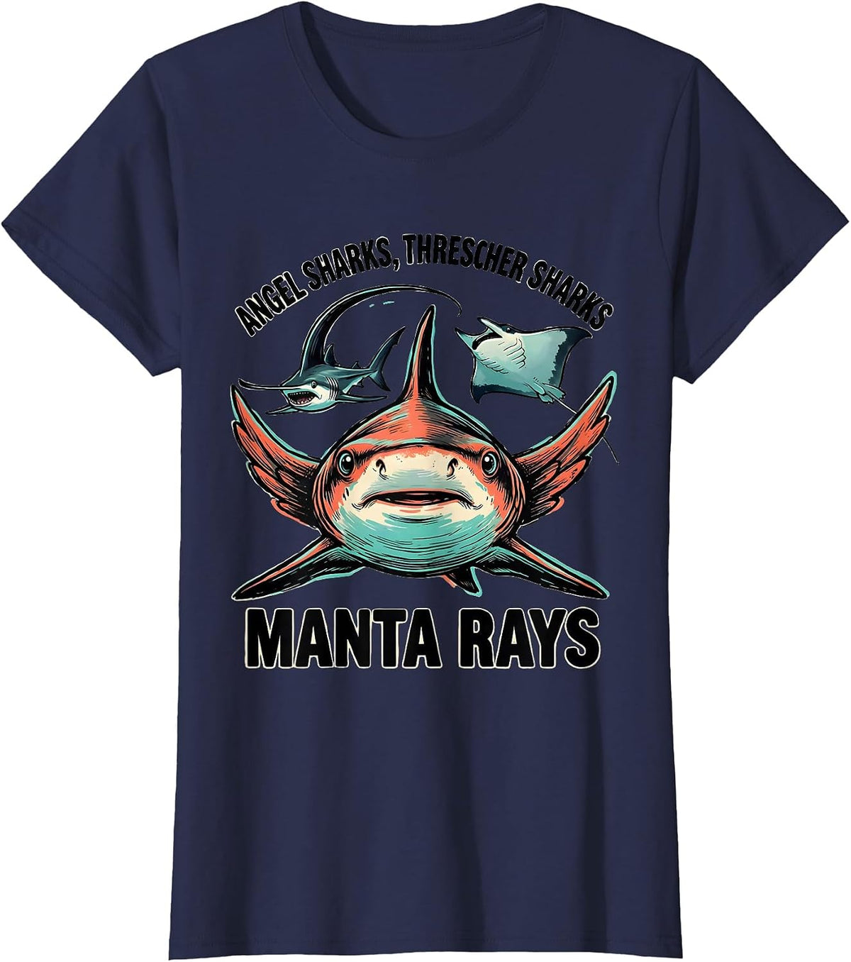 Women's Angel Sharks, Thresher Sharks, Manta Rays Marine Biology T-Shirt - Navy Blue