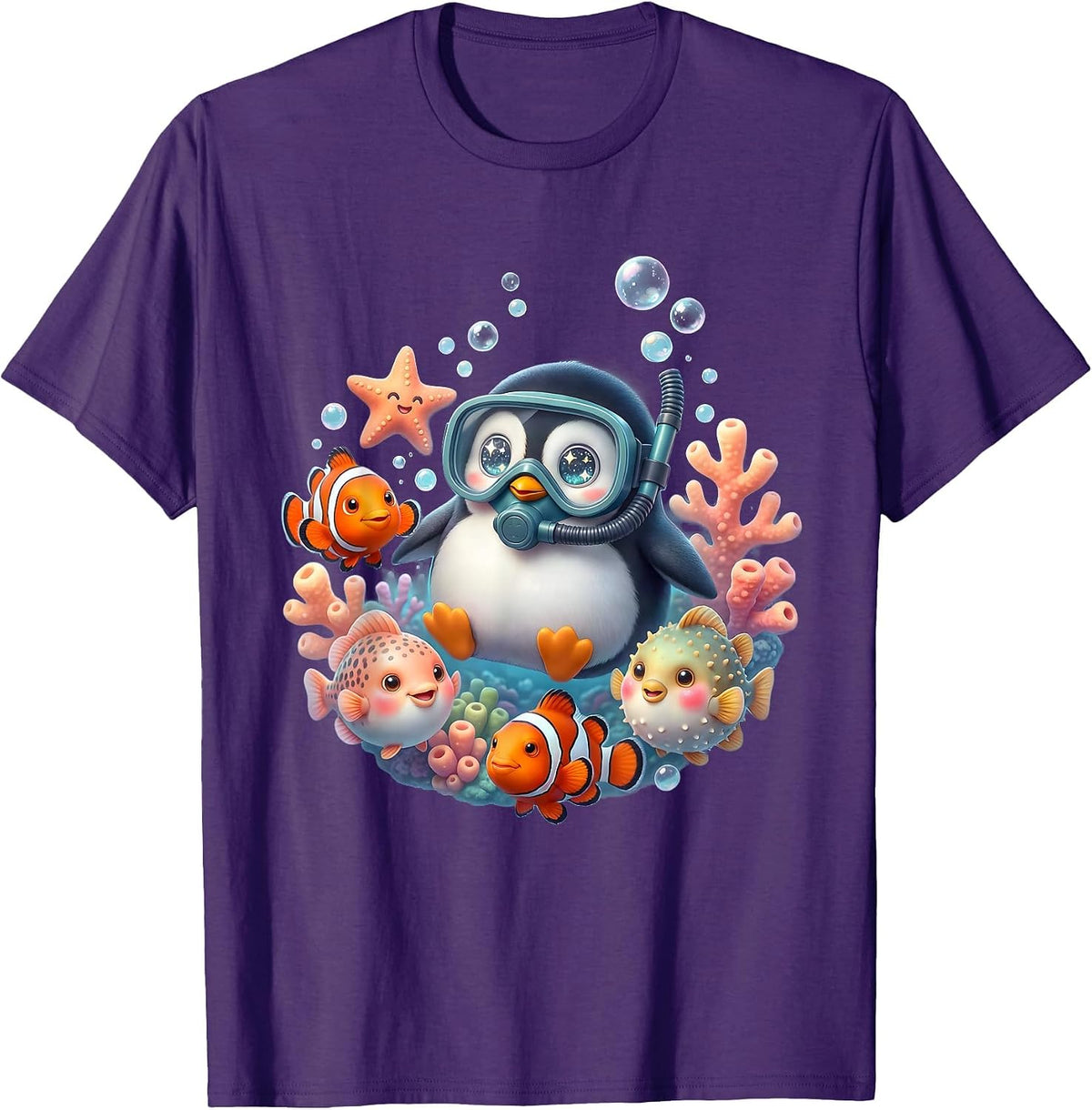 Penguin Scuba Diver Tropical Fish Ocean Design T-Shirt - Purple