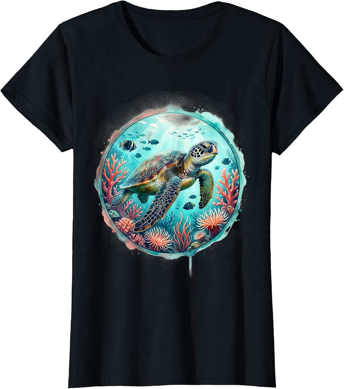 Women's Hawaiian Sea Turtle Coral Reef Graphic Tee T-Shirt - Black