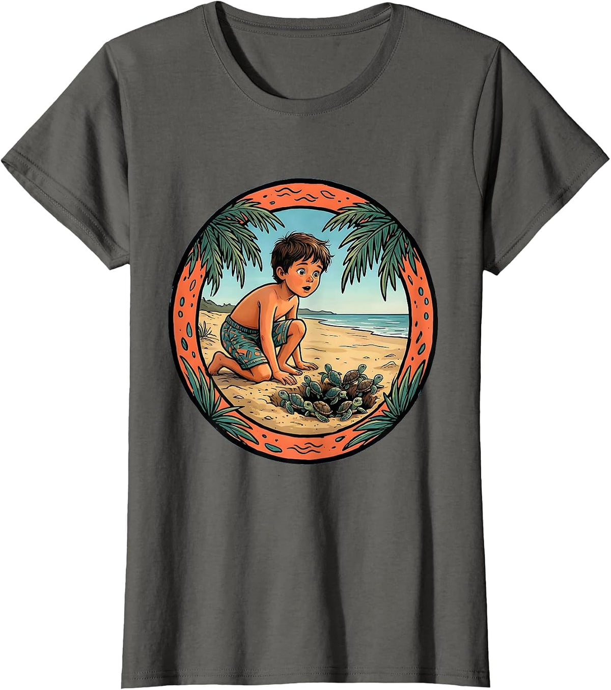 Women's Kids Sea Turtle Hatchling Beach Scene Graphic T-Shirt - Asphalt Grey