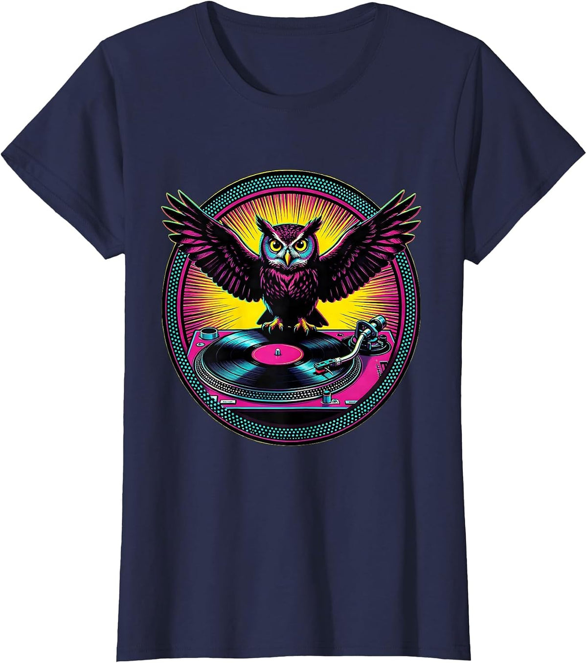 Women's Owl on Vintage Turntable Rock and Roll Design T-Shirt - Navy Blue