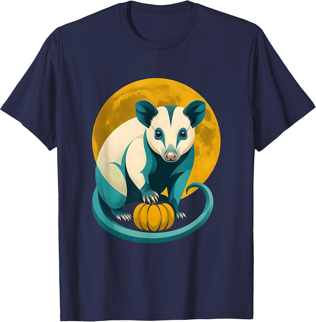 Men's Opossum Moon Halloween Vintage Creature Illustration T-Shirt - Navy Blue