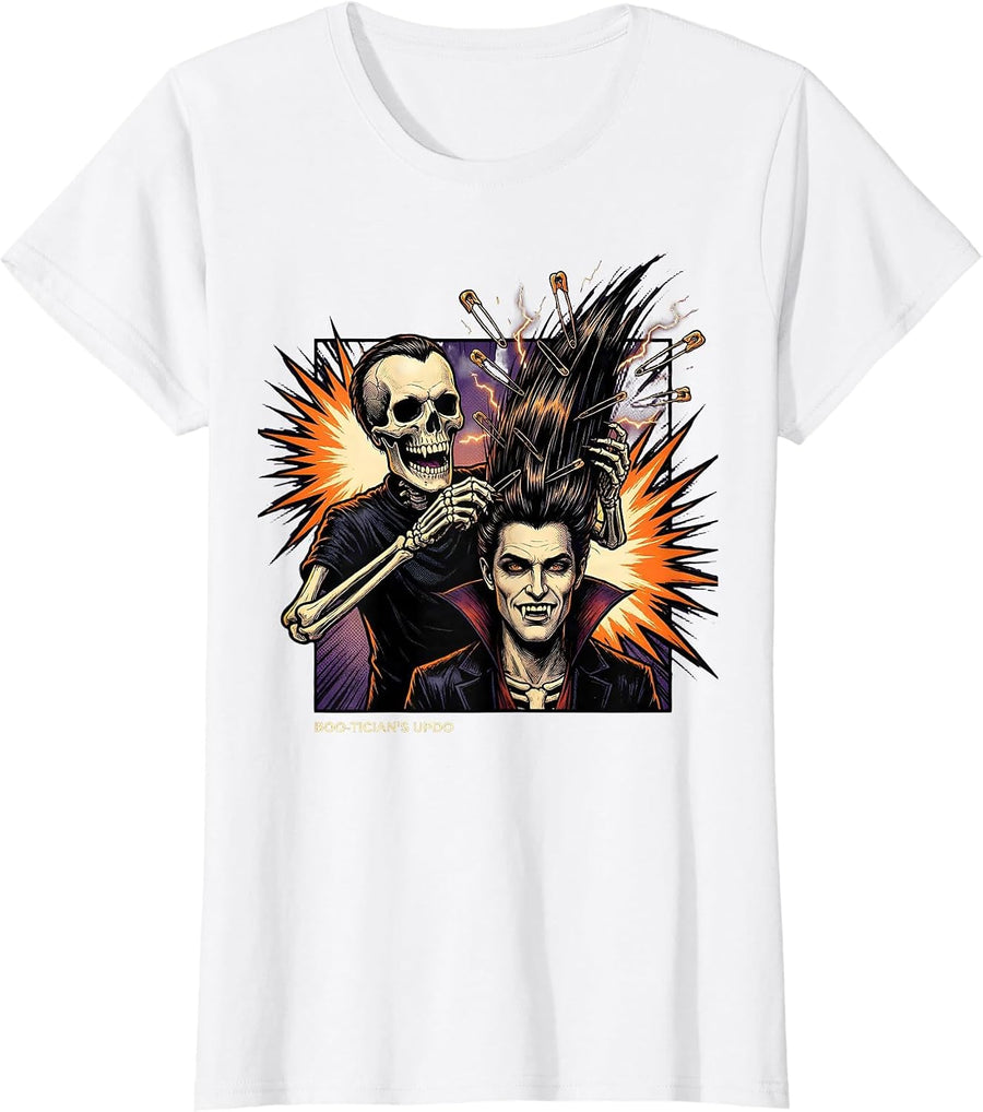 Women's Boo-Tician's Updo Comic Book Skeleton Hairstylist Halloween T-Shirt - White