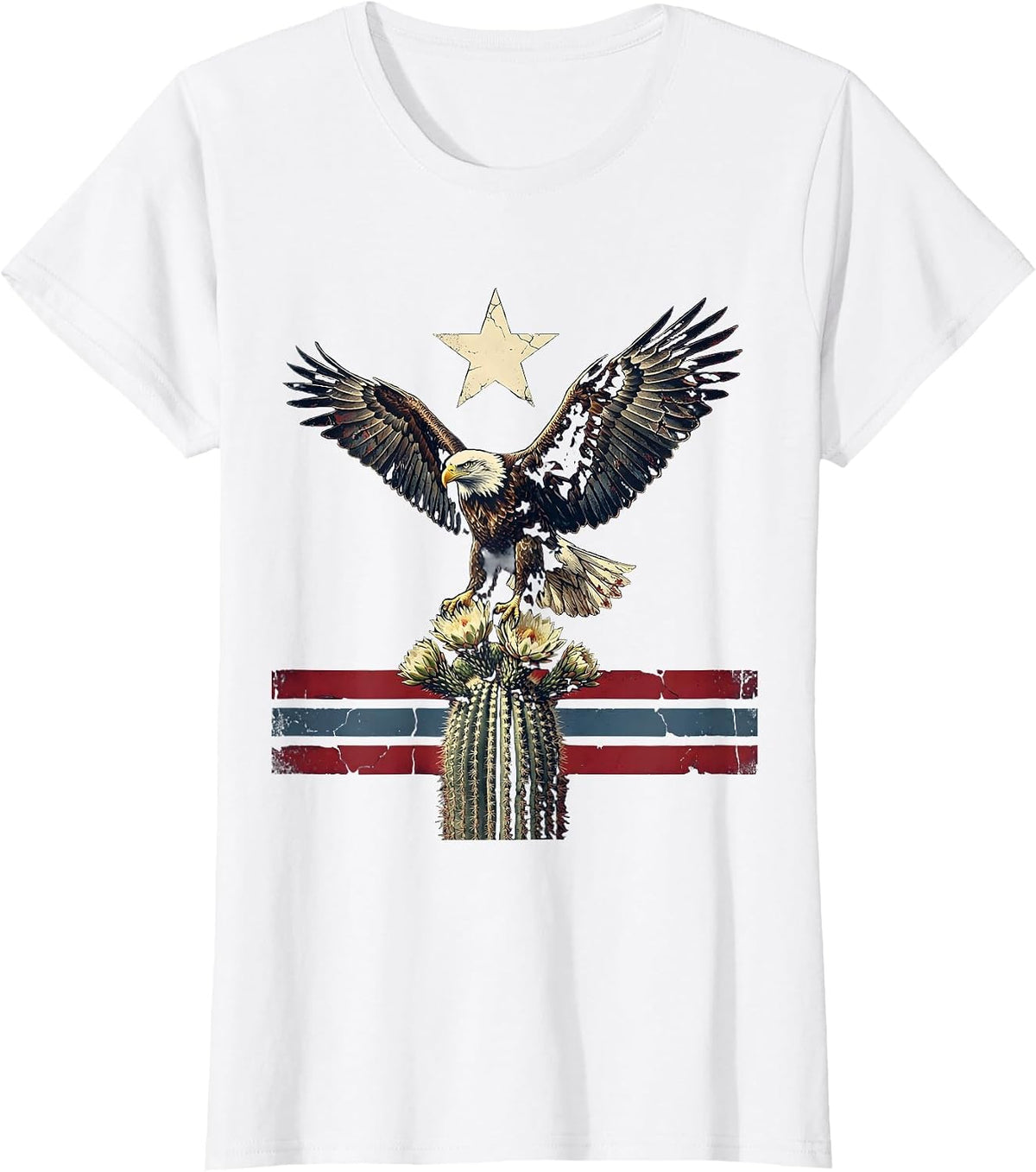 Eagle Perched on Flowering Cactus Patriotic Design T-Shirt - White