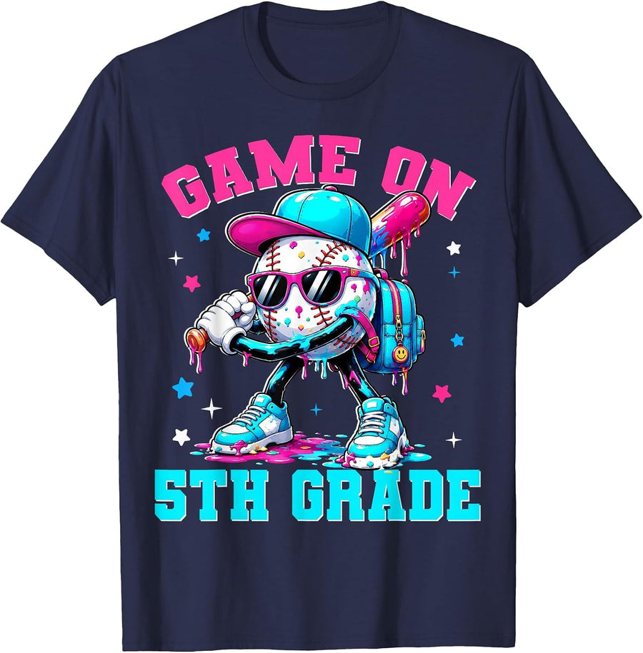 Game On 5th Grade Drip Baseball Back to School 2026 Kids Boy T-Shirt - Navy Blue