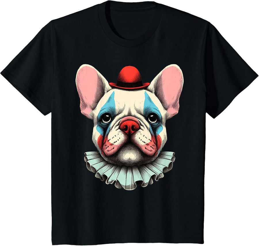 Cute Spooky French Bulldog Clown Halloween Funny Frenchie T-Shirt - Black