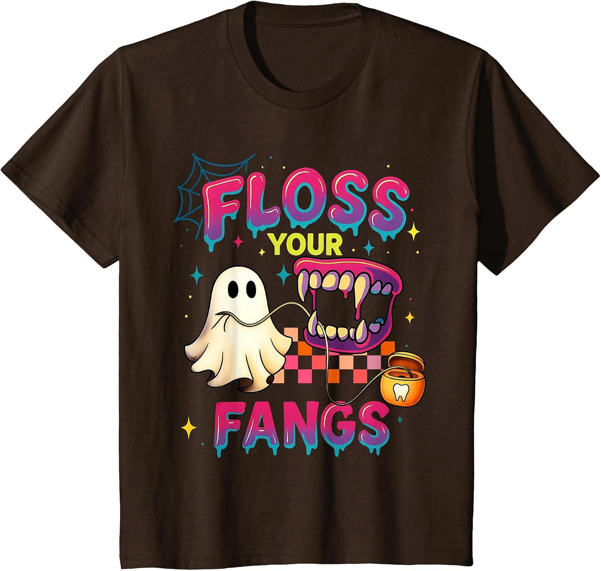 Floss Your Fangs Spooky Dentist Funny Boo Dental Halloween T-Shirt - Brown