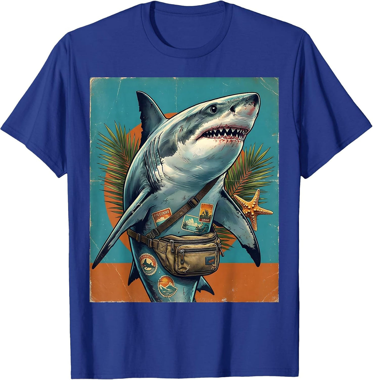 Shark On Vacation Fanny Pack Novelty Graphic T-Shirt - Royal Blue