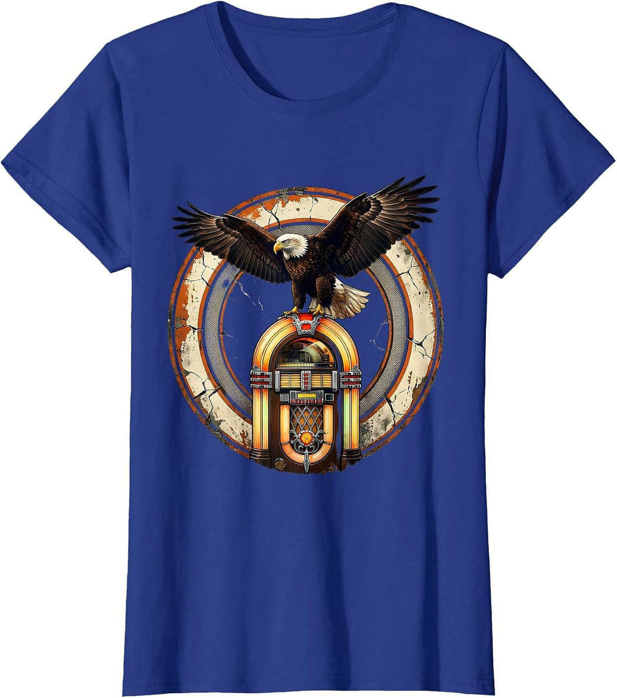 Women's Vintage 1975 Bald Eagle Jukebox Retro Design T-Shirt - Royal Blue