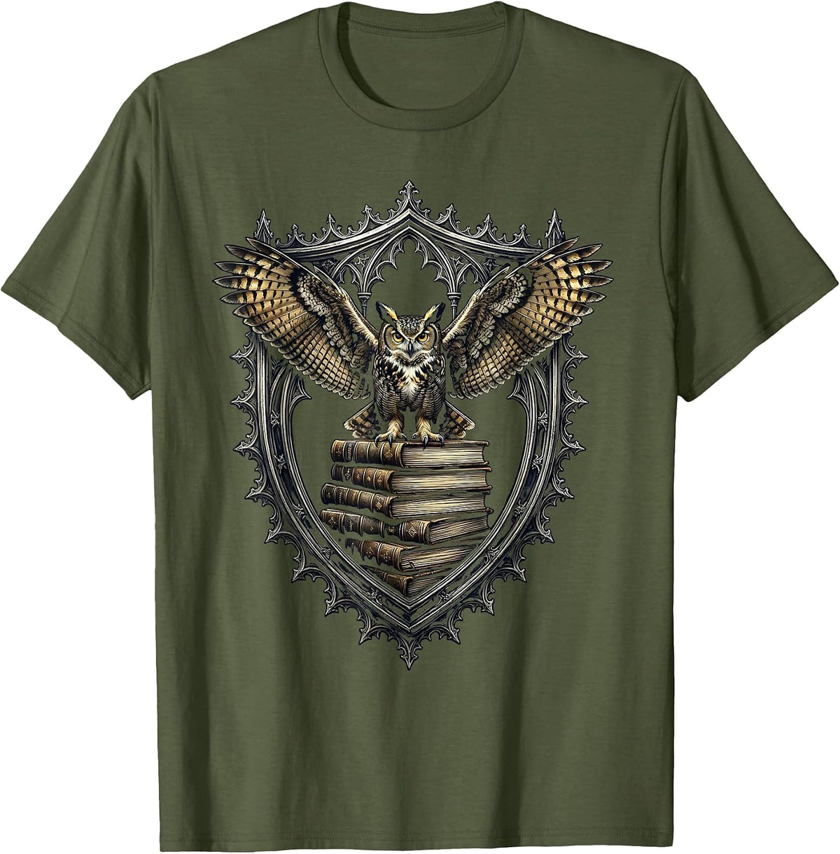 Owl on Ancient Books Renaissance Scholar Design T-Shirt - Olive Green