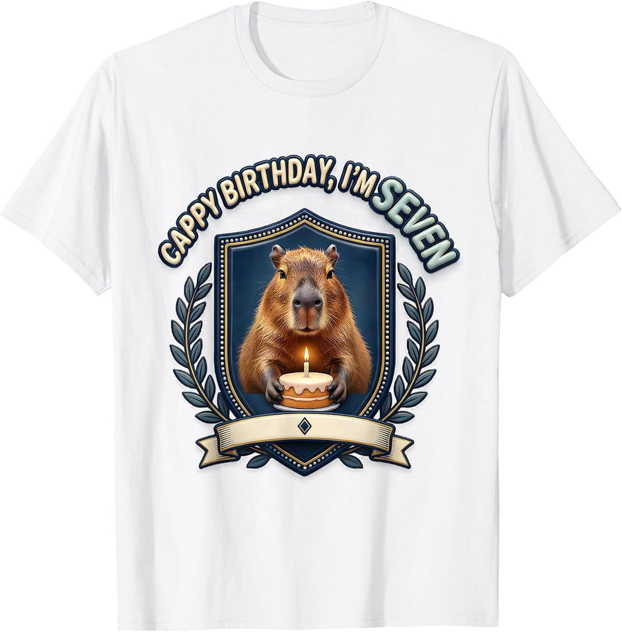 Men's Cappy Birthday I'm Seven Kawaii Capybara Kids Party T-Shirt - White