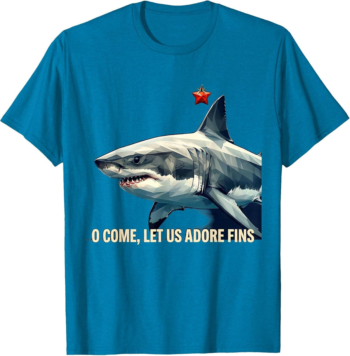 O Come, Let Us Adore Fins Funny Shark Christmas Pun Humor T-Shirt - Sapphire Blue