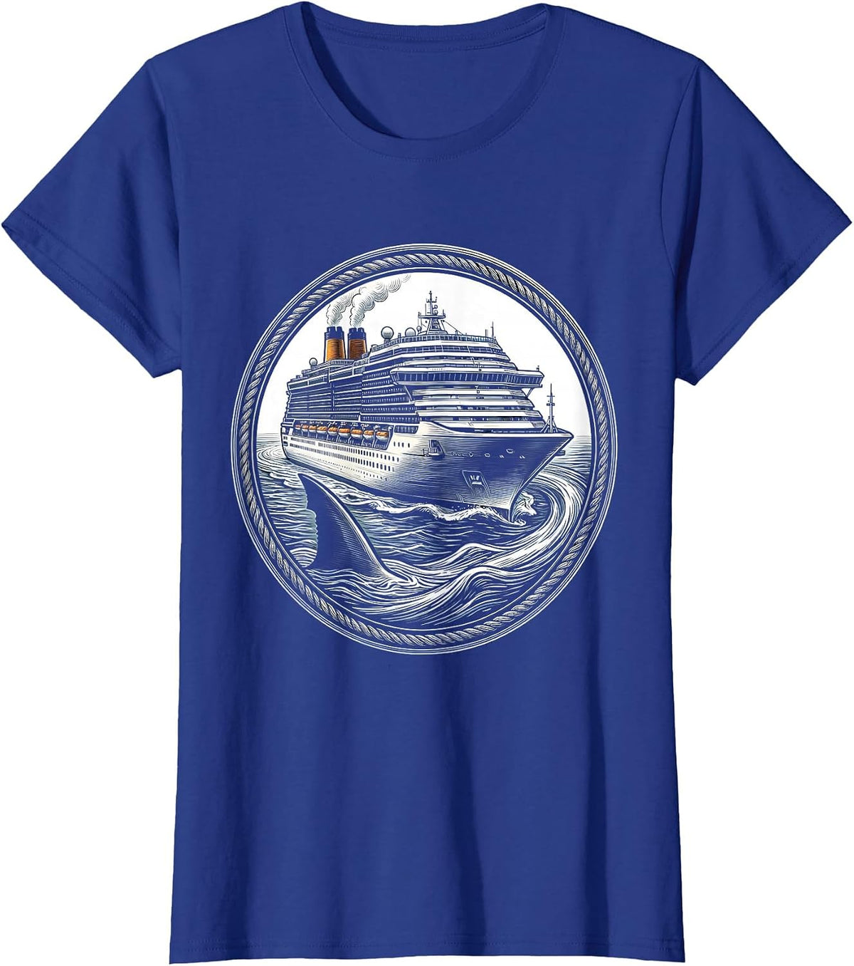 Women's Shark Fin Circling Luxury Cruise Ship T-Shirt - Royal Blue