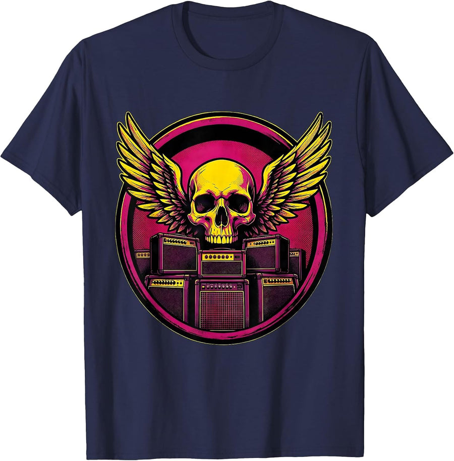 Winged Skull Stacked Amps Vintage Rock Art T-Shirt - Navy Blue