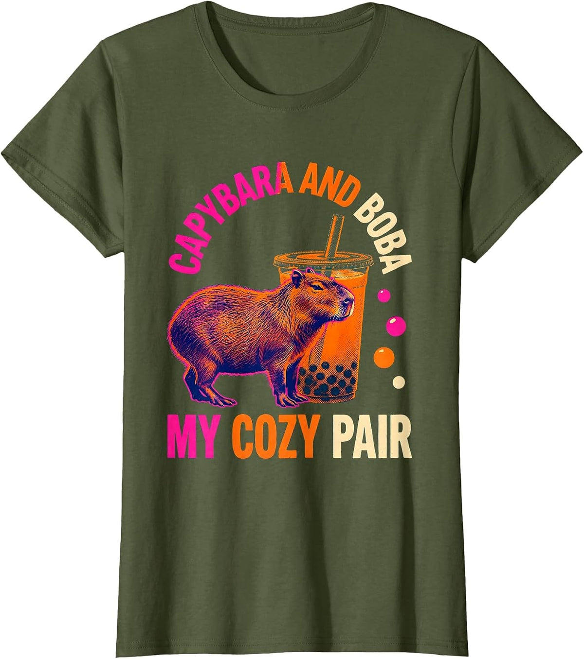 Women's Capybara And Boba, My Cozy Pair Cute Kawaii Anime Animal T-Shirt - Olive Green