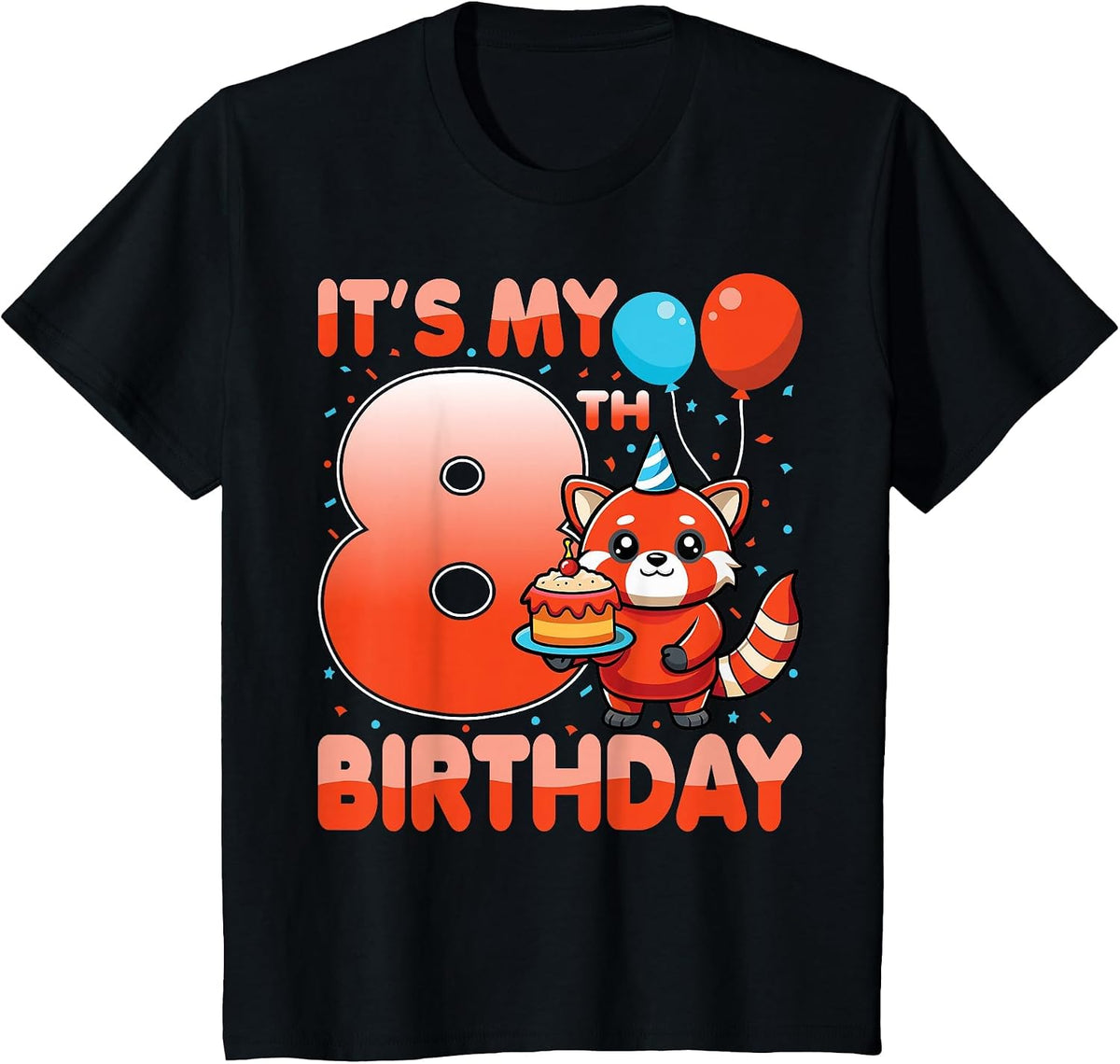 It's My 8th Birthday Cute Red Panda Kids 8 Years Old T-Shirt - Black