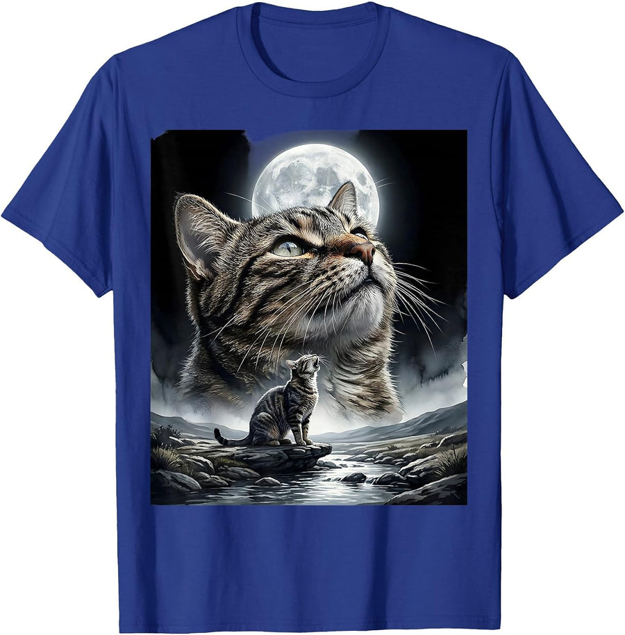 Brown Tabby Cat Howling at Moon 90's Retro T-Shirt - Royal Blue