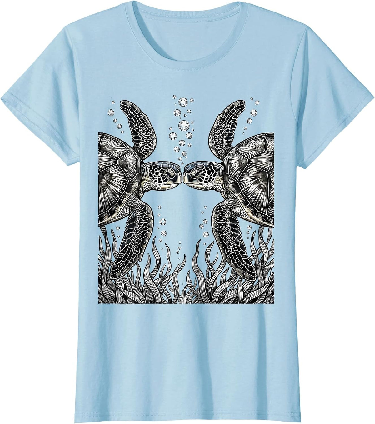 Women's Two Turtles Nose to Nose Underwater Art T-Shirt - Baby Blue