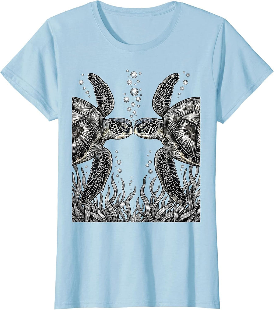 Women's Two Turtles Nose to Nose Underwater Art T-Shirt - Baby Blue