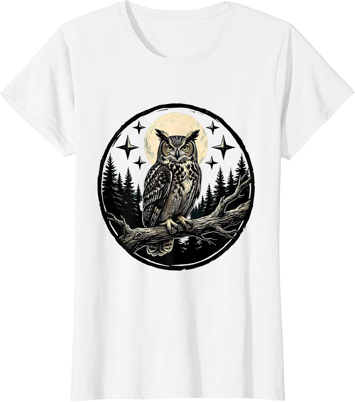 Women's Owl on Branch Starry Night Forest Illustration T-Shirt - White