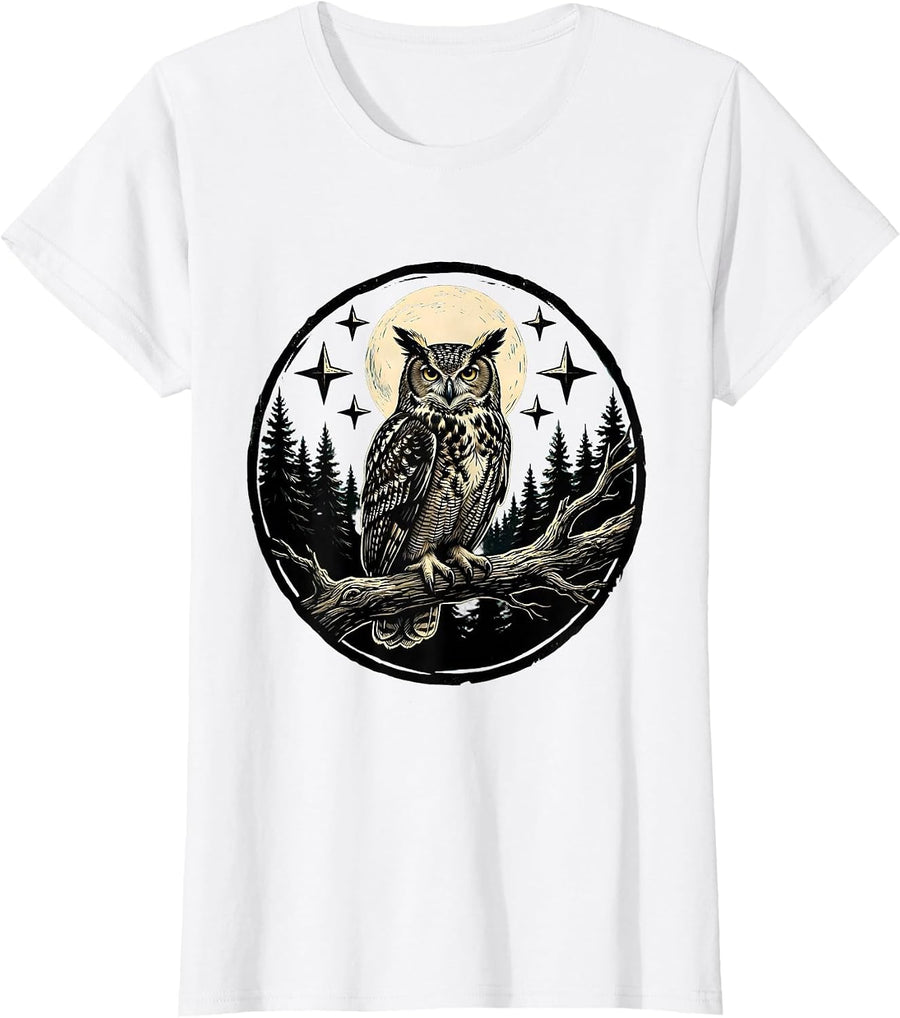 Women's Owl on Branch Starry Night Forest Illustration T-Shirt - White