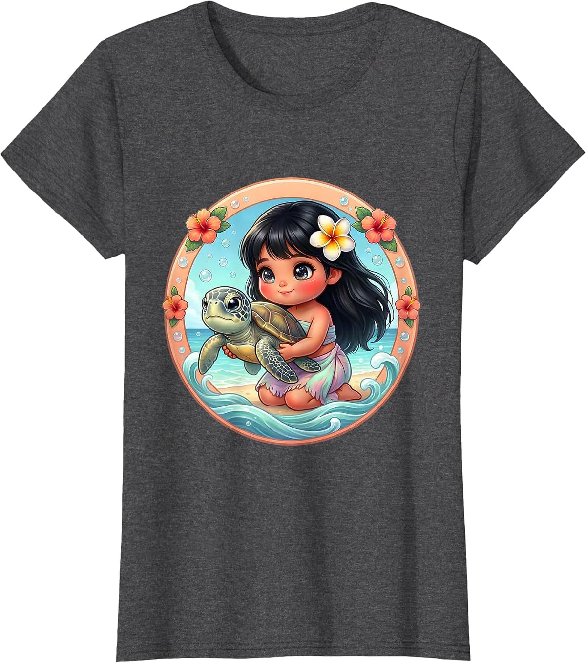 Women's Hawaiian Girl Releasing Sea Turtle Ocean Art T-Shirt - Dark Heather Grey