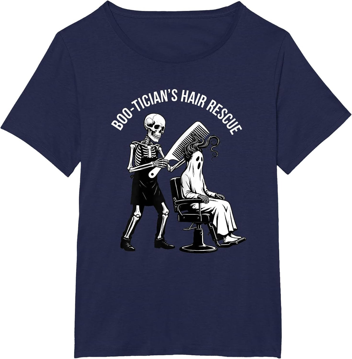 Women's Boo-tician's Hair Rescue Funny Skeleton Hairdresser T-Shirt - Navy Blue