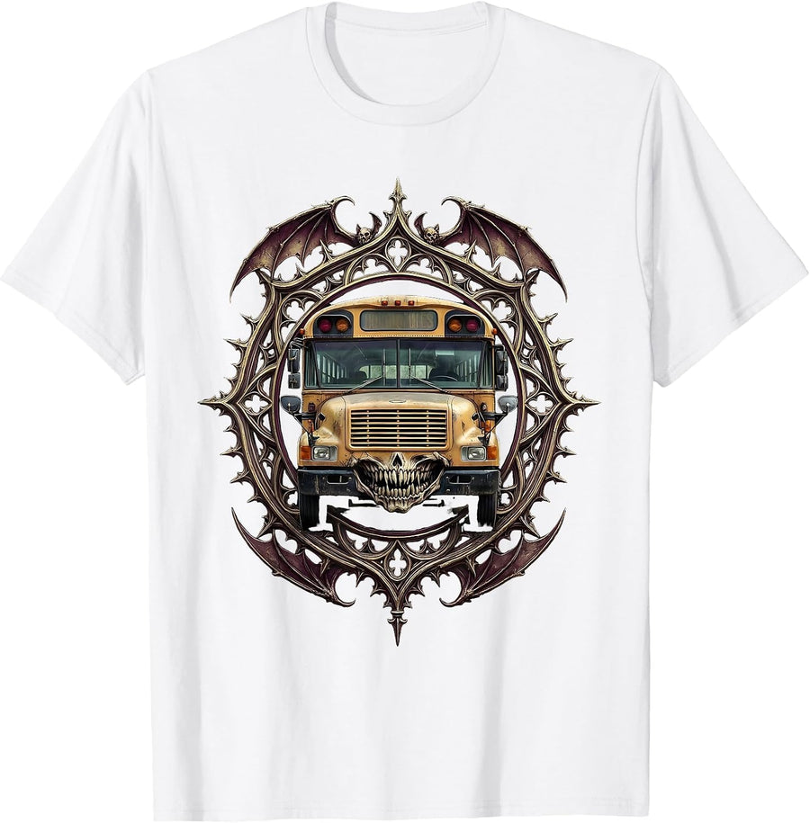 Men's Halloween Haunted School Bus Glowing Windows T-Shirt - White