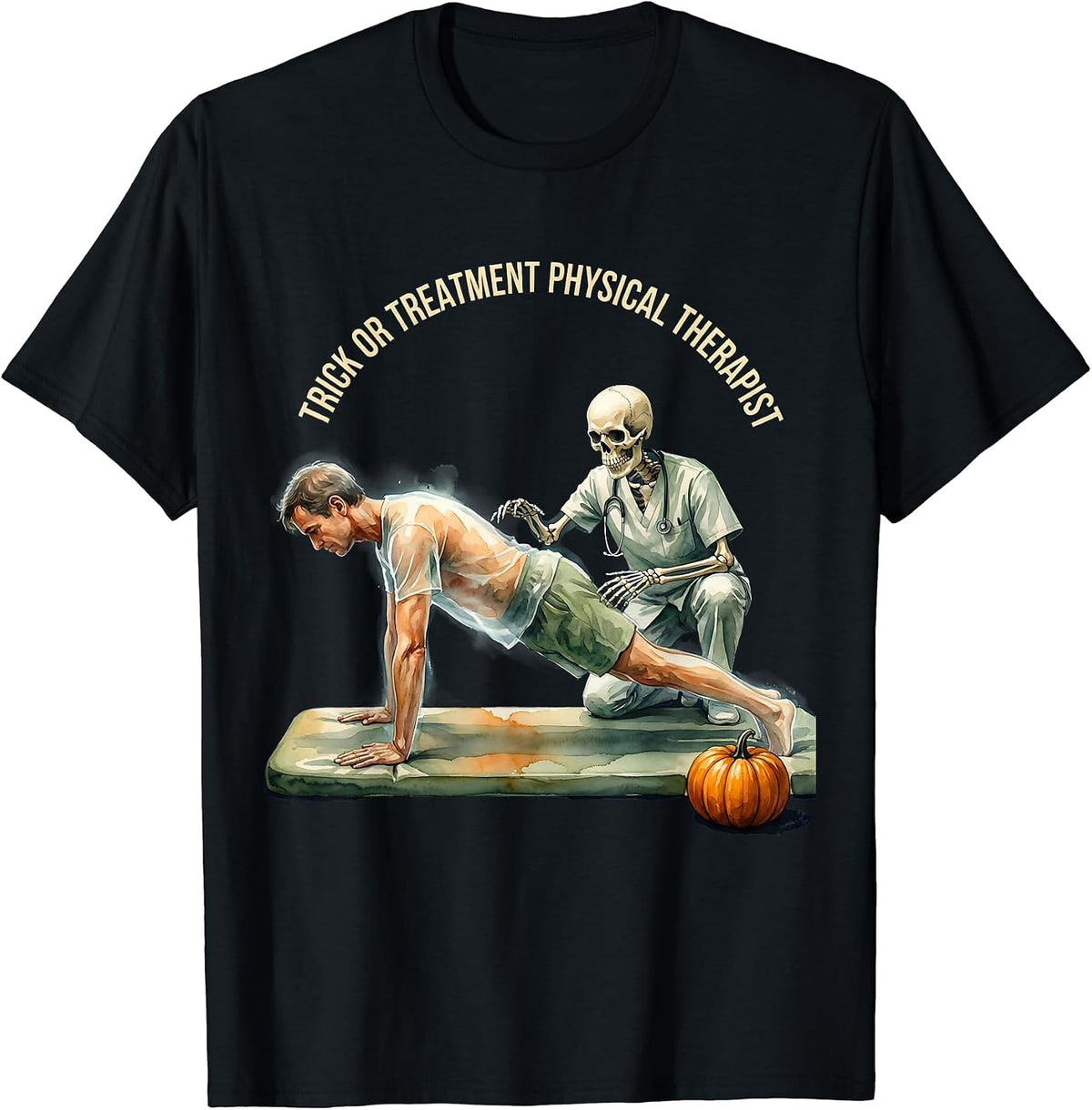 Men's Trick Or Treatment Physical Therapist Watercolor Halloween T-Shirt - Black