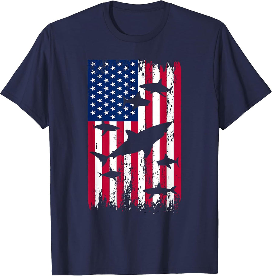 American Flag Shark T-Shirt - Navy Blue