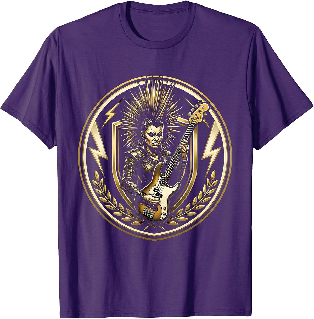Fierce Mohawk Bass Guitar Rock Band Graphic T-Shirt - Purple
