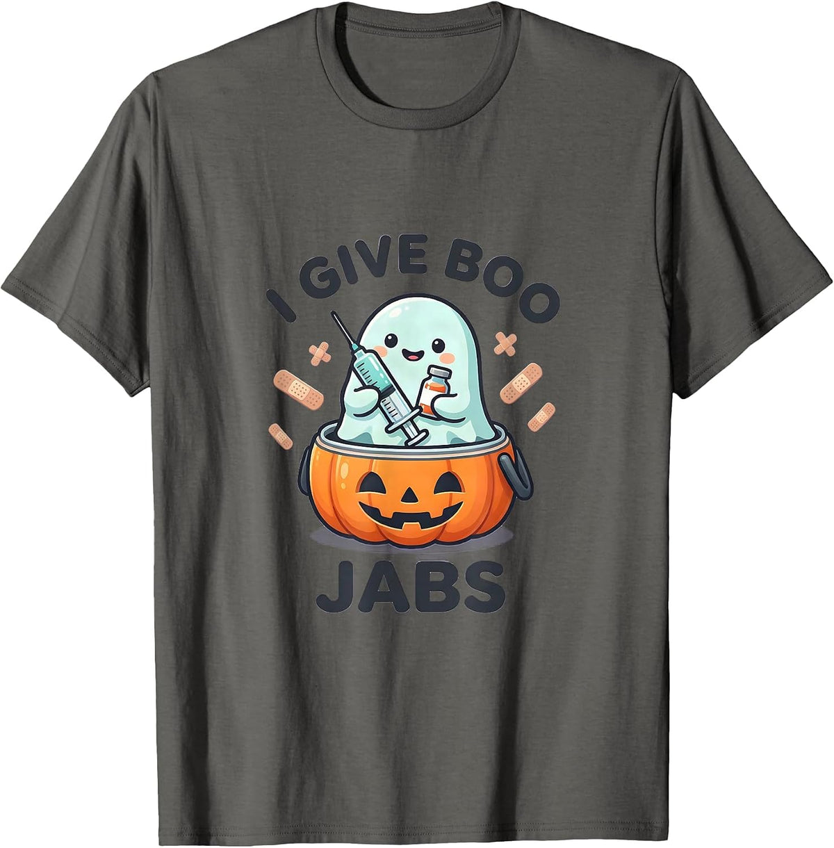 I Give Boo Jabs Funny Nurse Ghost Halloween Flu Shot T-Shirt - Asphalt Grey