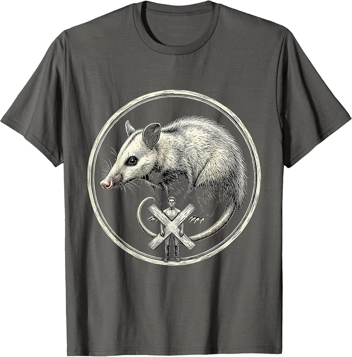 Sealed Opossum Badge Woodcut Engraving Animal Humor T-Shirt - Asphalt Grey