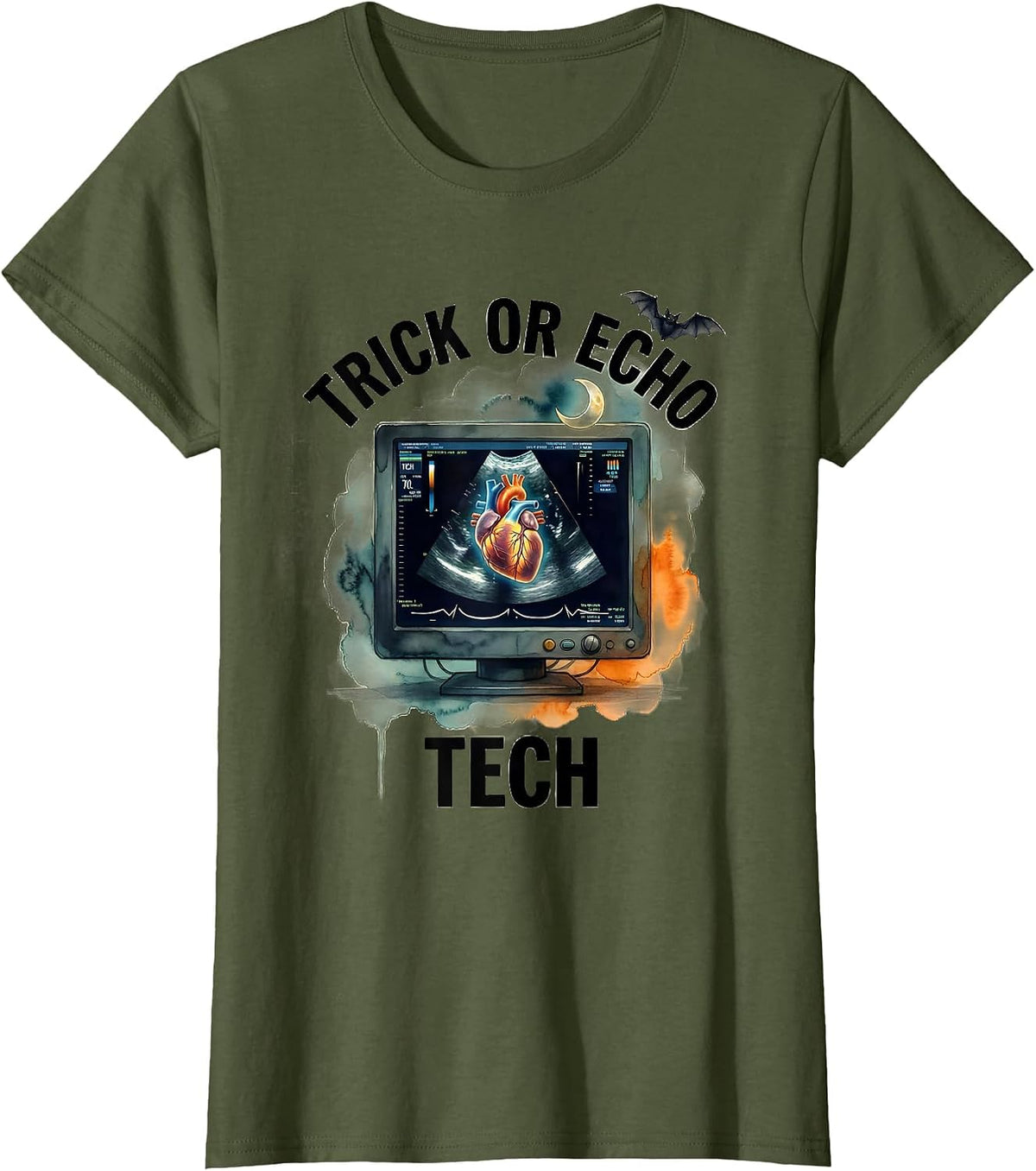 Women's Trick Or Echo Tech Watercolor Halloween Radiology Tech Humor T-Shirt - Olive Green