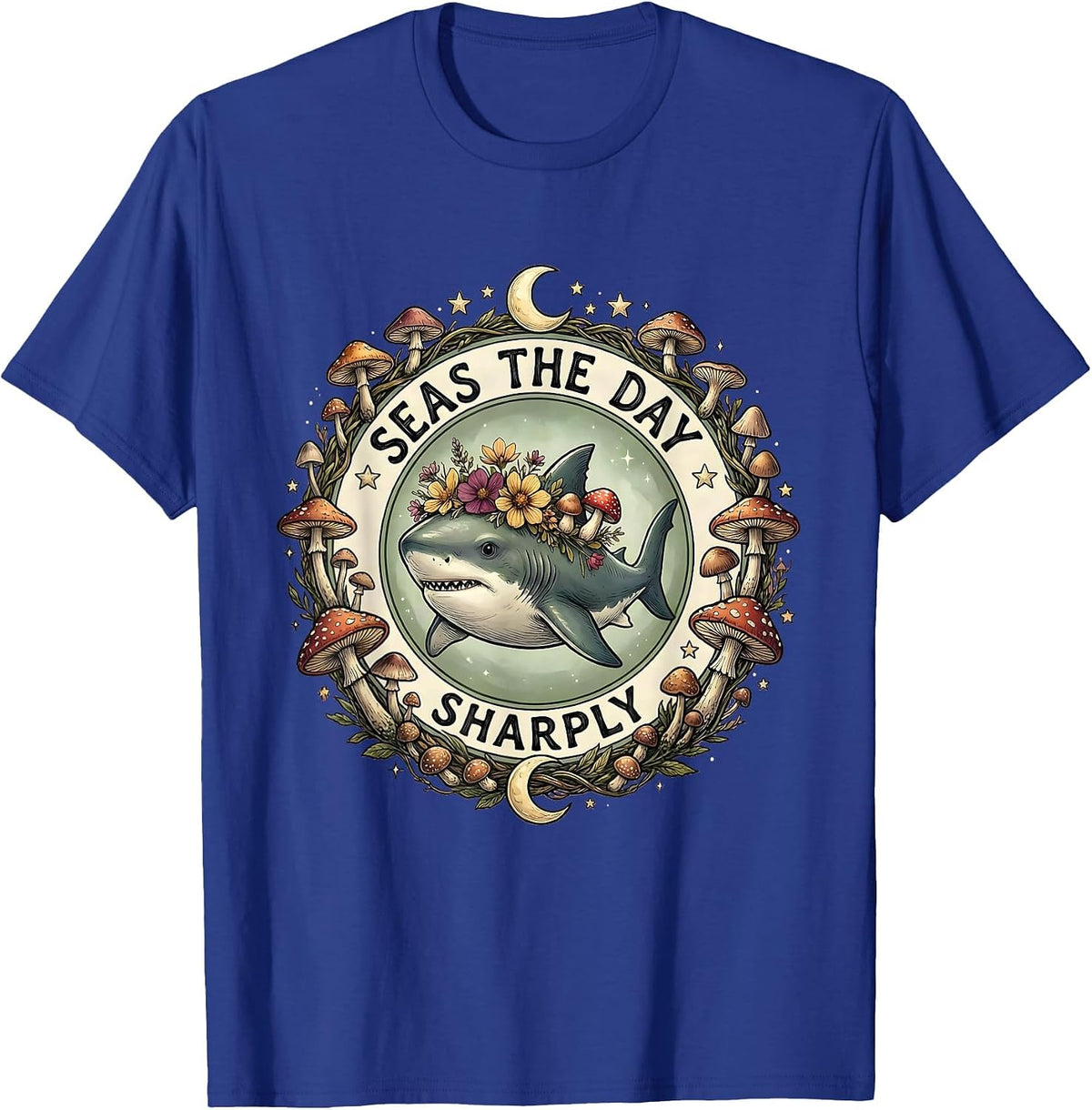Seas the Day Sharply Shark Ocean Design T-Shirt - Royal Blue