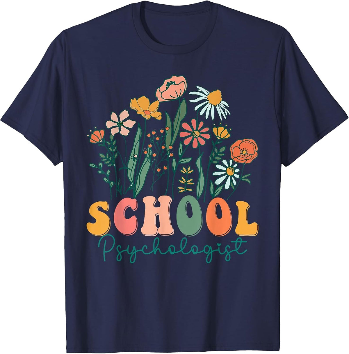 Groovy Wildflower School Psychologist Tees T-Shirt - Navy Blue