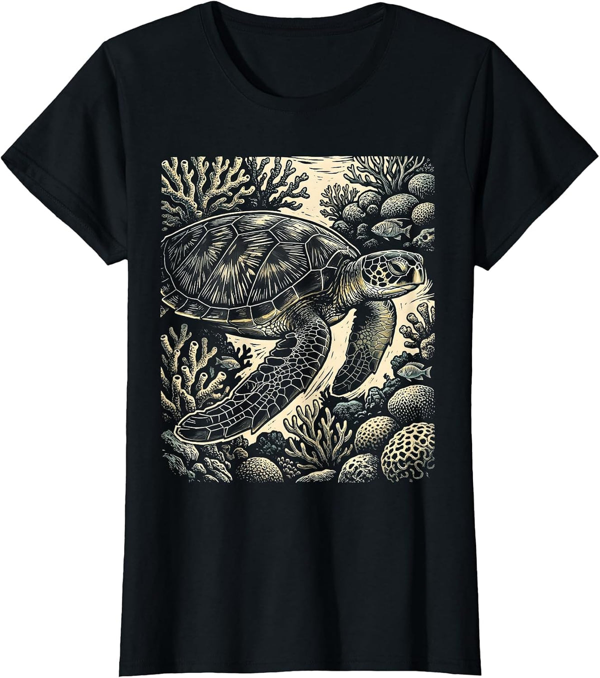 Women's Sea Turtle Coral Reef Ocean Illustration T-Shirt - Black