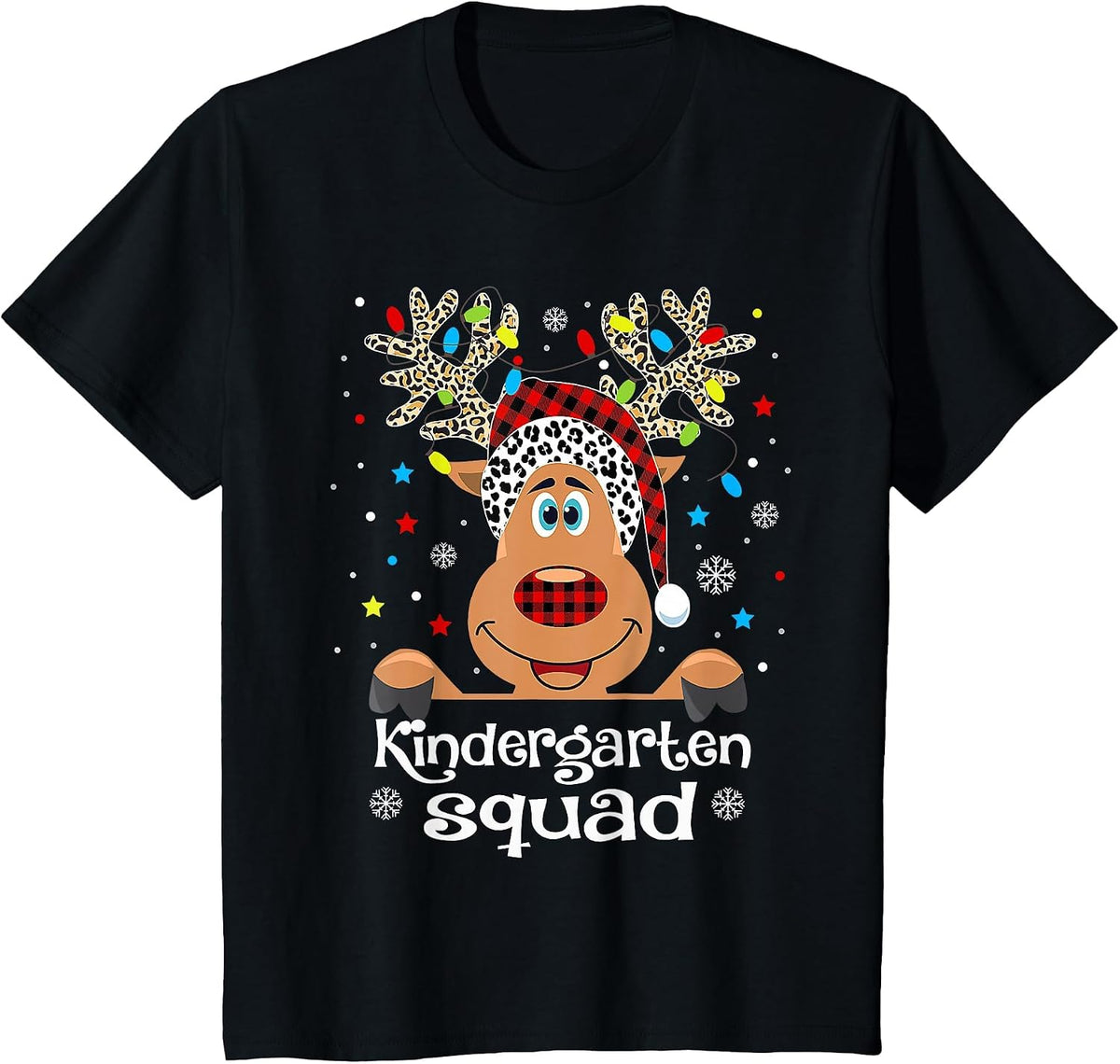 Kindergarten Squad Plaid Reindeer Santa Hat Teacher T-Shirt - Black